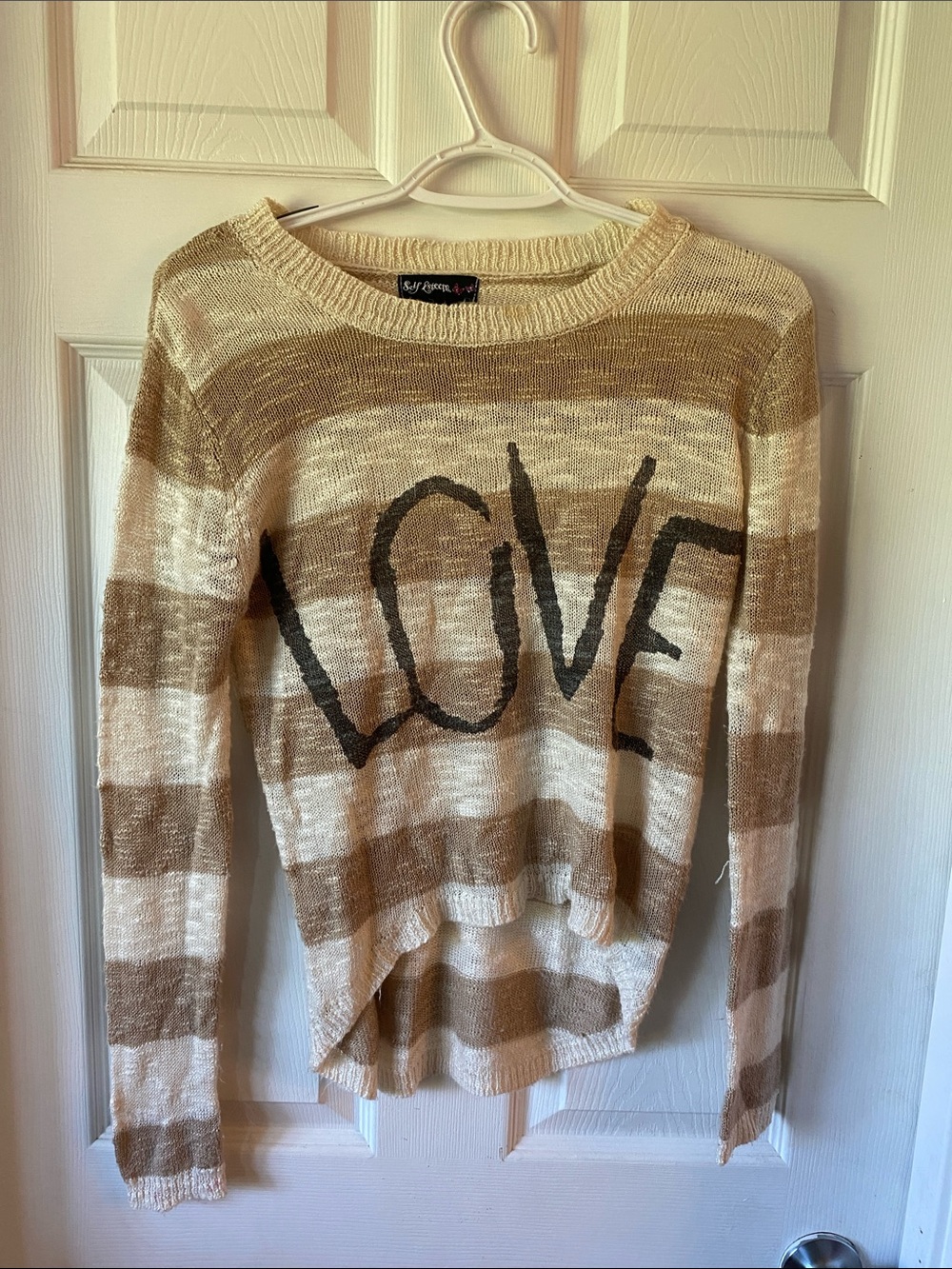 Self Esteem Striped 'LOVE' Open-Knit Sweater - Cream & Tan